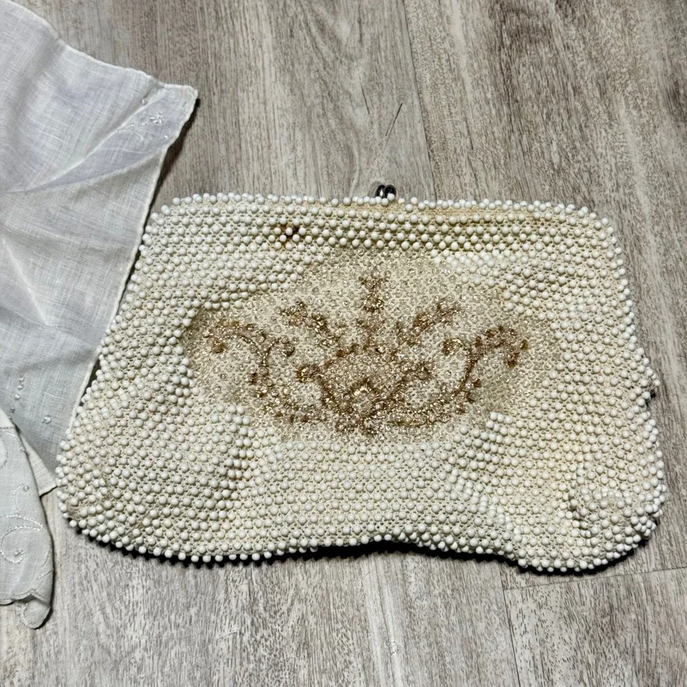 Vintage Beaded Clutch Handbag‎ & Embroidered Hanky Set Evening Bag Formal Acc